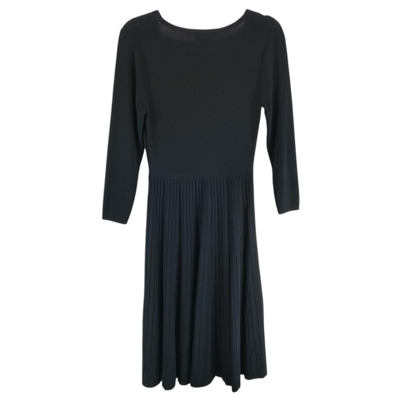 Carmen Marc Valvo Pleated Knit Midi Dress Scoop Neck 3/4 Sleeve Black Sz M - Picture 2 of 8